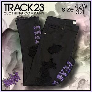 TRACK 23 men’s black distressed destroyed statement “fearless” JEANS size 42W32L